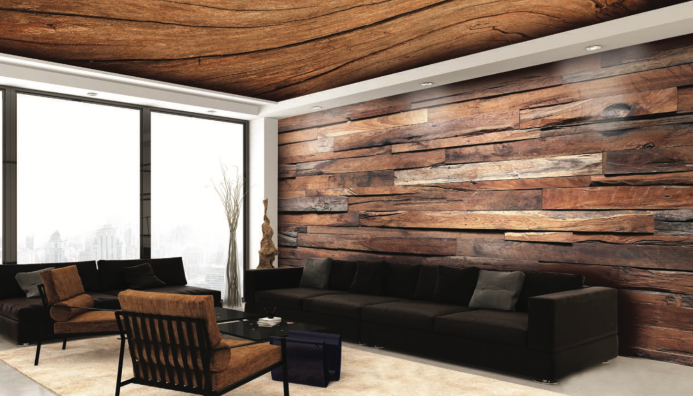 Plafond et mur tendus imitation bois